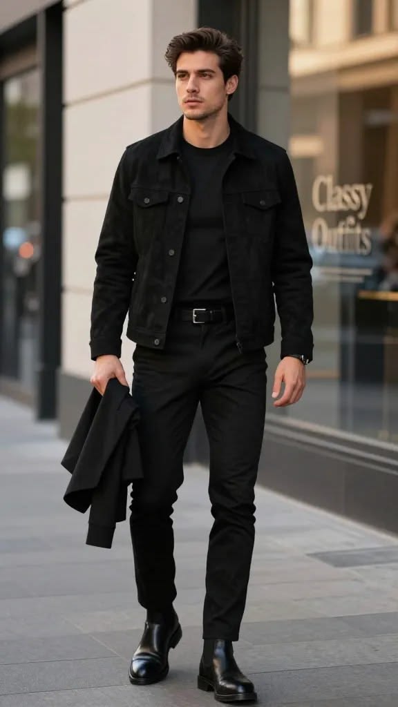 Man in an all-black men's outfit walks along a city sidewalk, carrying a black coat in his left hand.