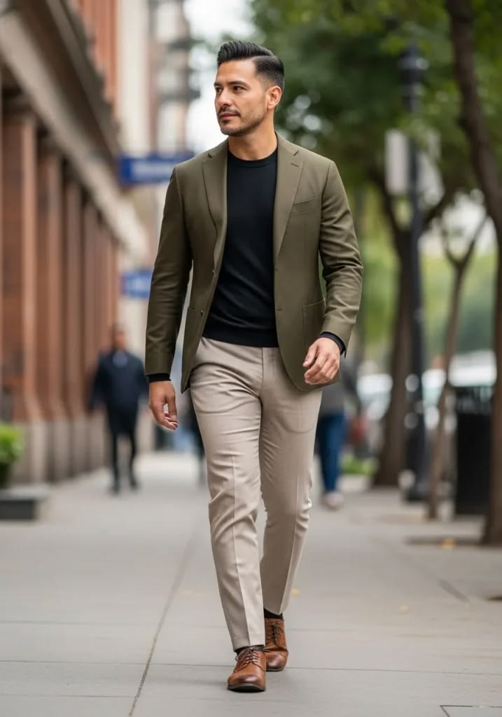 Man walking down a city sidewalk in smart casual attire: olive green blazer, black shirt, beige trousers, brown dress shoes.