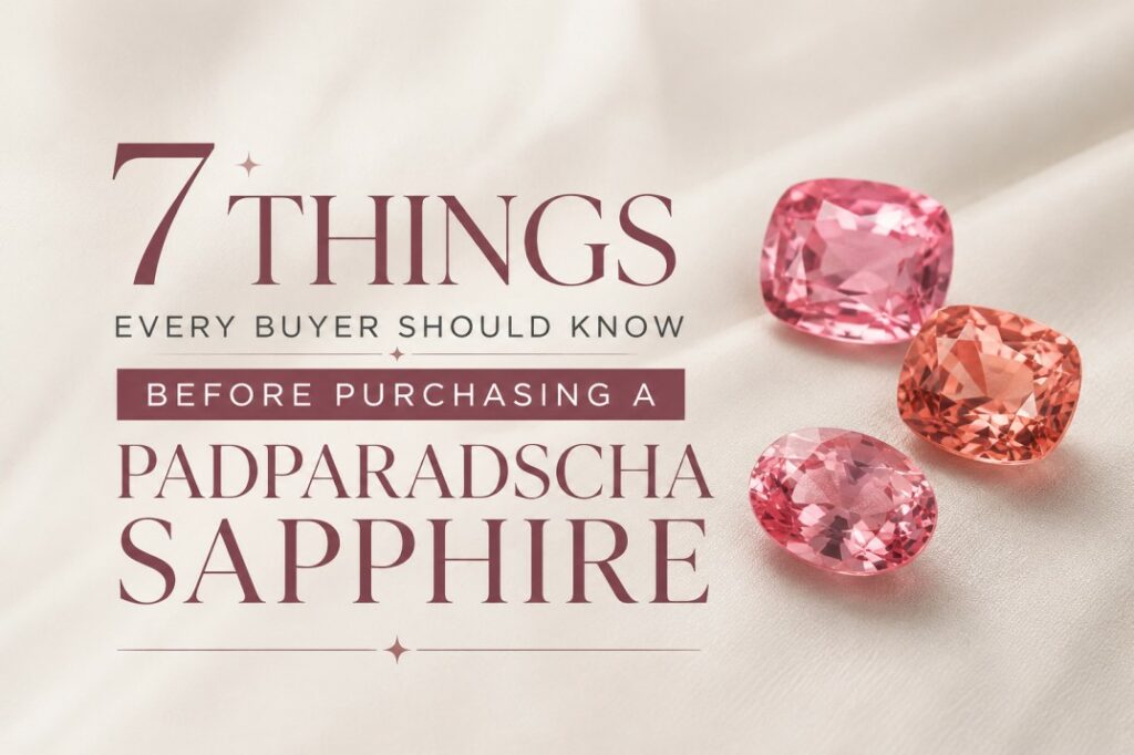 Promotional banner: '7 Things Every Buyer Should Know Before Purchasing a Padparadscha Sapphire' with three pink sapphires on a satin background