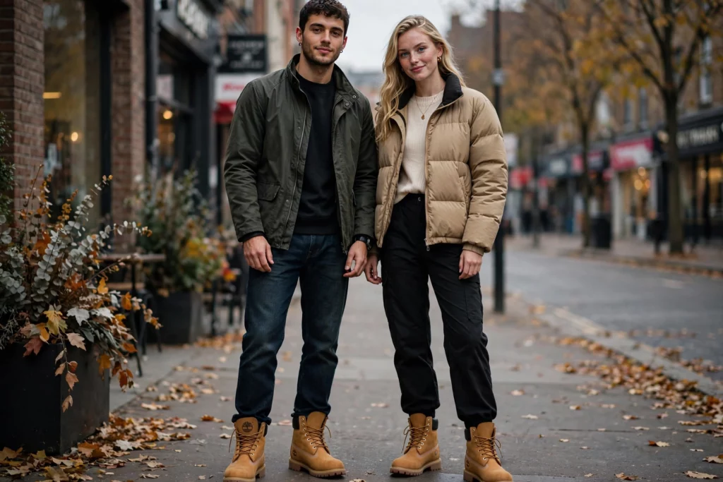 Two models wearing Timberland boots