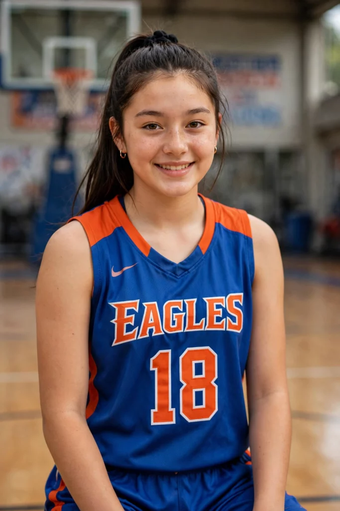 Teen model in basketball uniform
