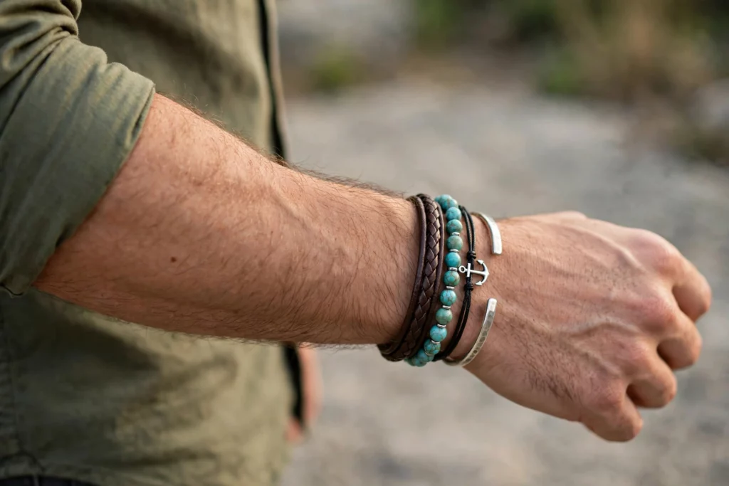 male models arm wearing mens layered bracelets