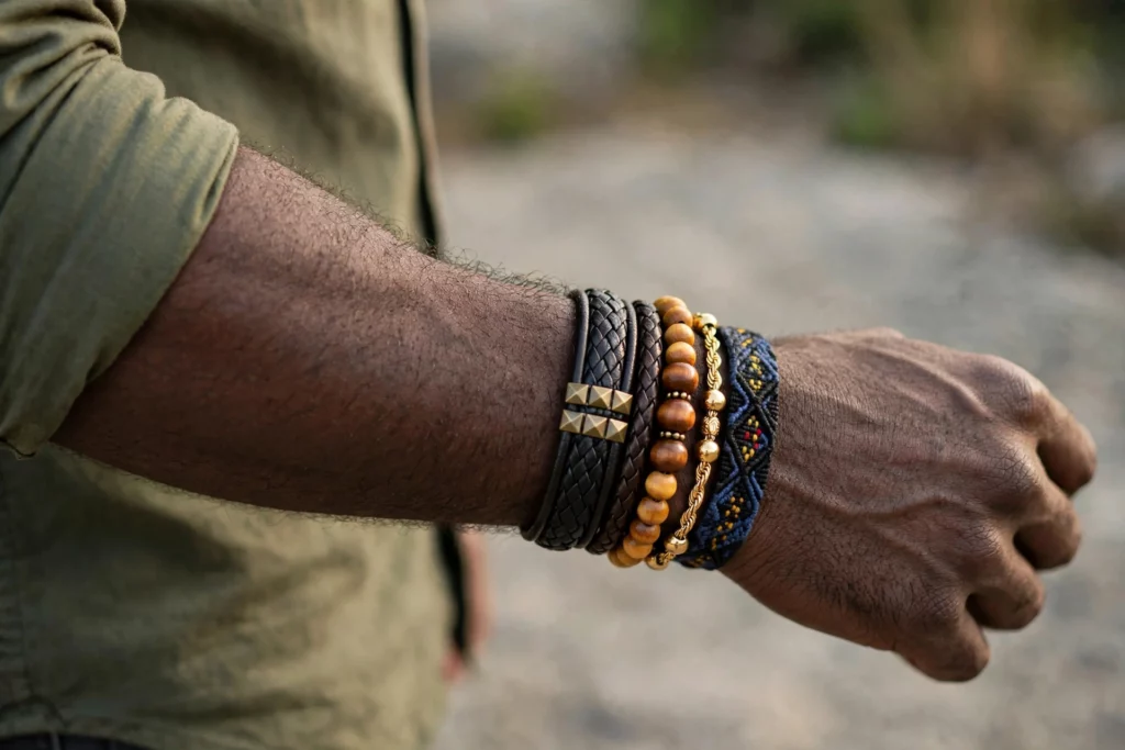 dark skined model wearing layered bracelets