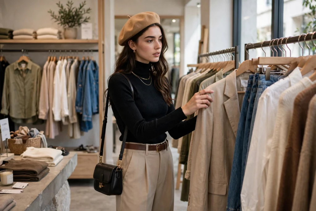 Moderl wearing pre-owned fashion while shoping 