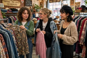 3 models shopping for pre-owned and vitage fashion in a pre owned fashion and vintage fashion market place