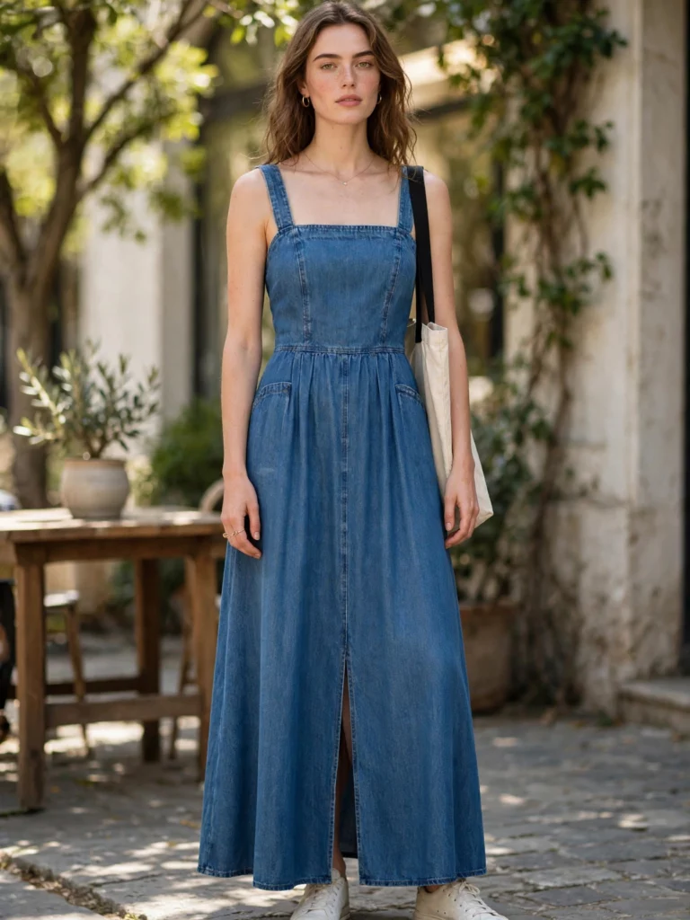 Brunette model in summer denim maxi dress 