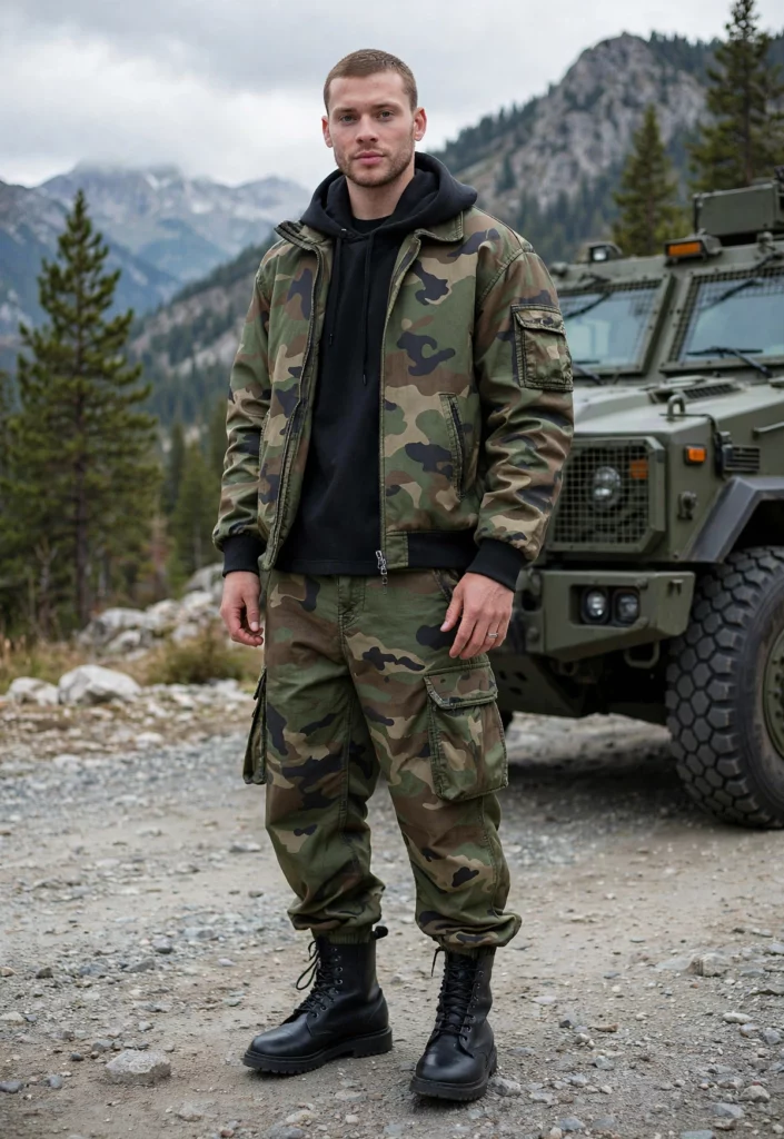 Model in camo streetwear in front of military vehicle 