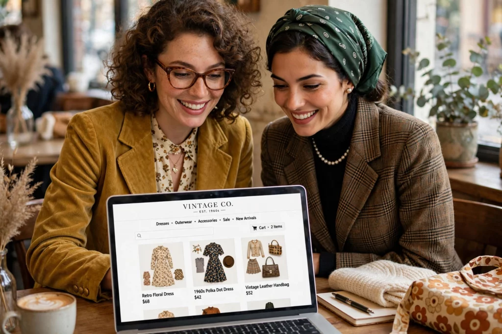 two models in vintage fashion selling online 