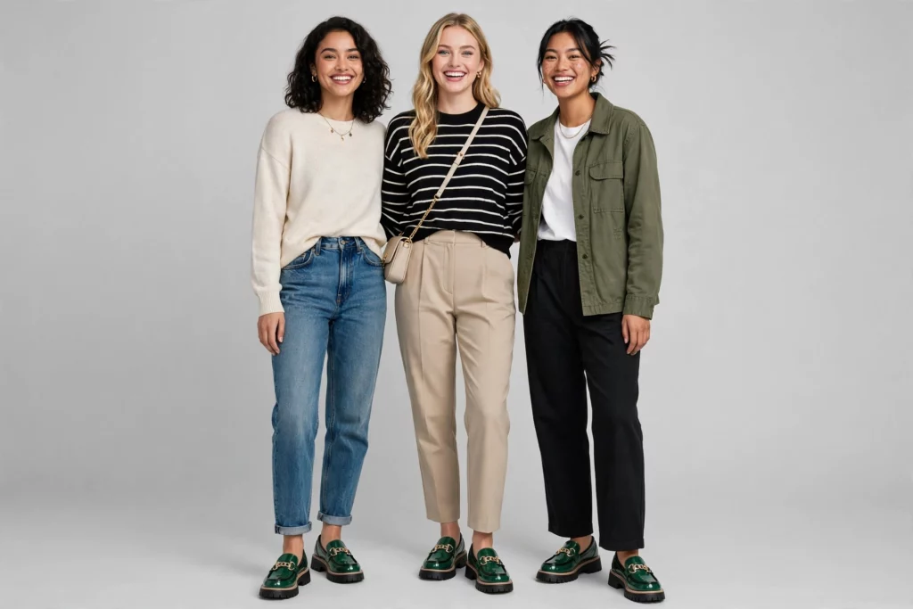 Three women posing together in casual outfits, green loafers, smiling against a gray backdrop.