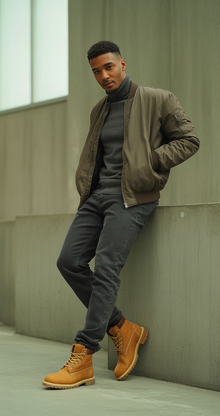 Man leaning against a concrete railing in a brown bomber jacket, gray turtleneck, dark jeans and tan boots outdoors.