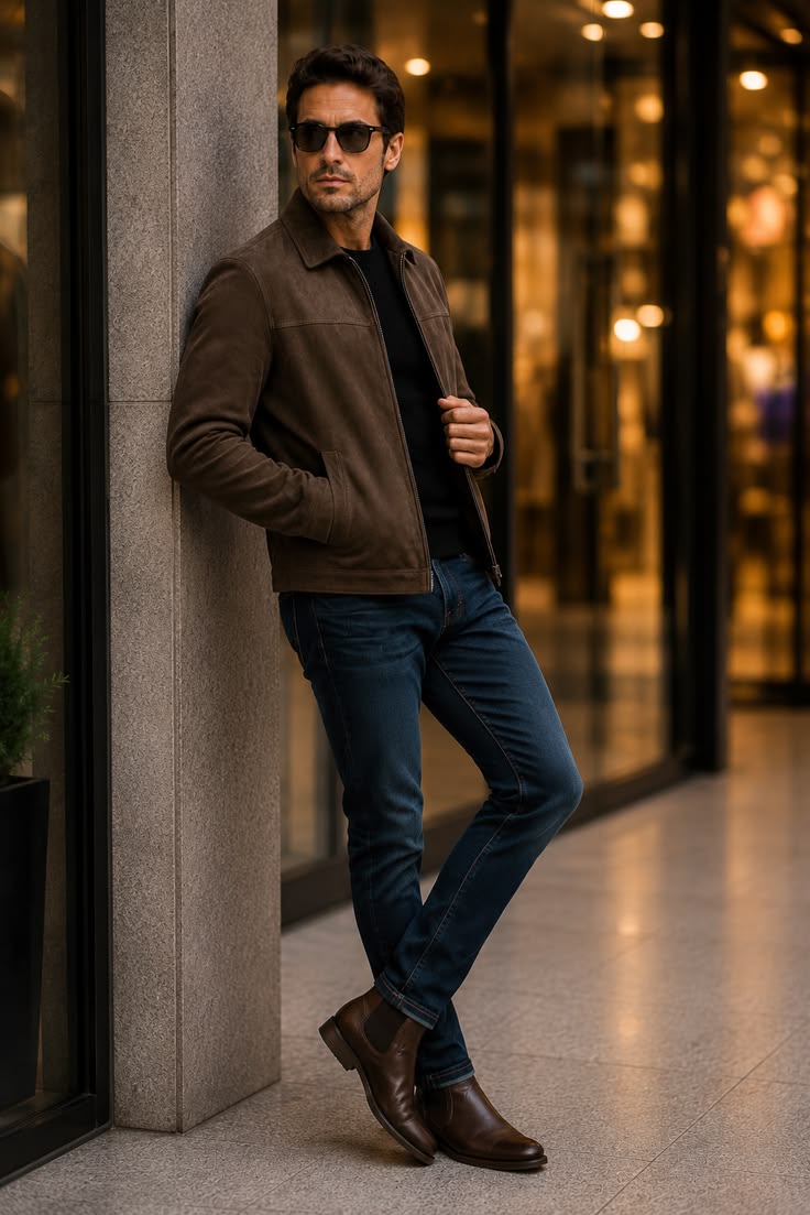Man in a Brown Cowhide Café Racer Coat and sunglasses leaning against a building in an urban mall setting, wearing a black shirt, blue jeans, and brown boots.