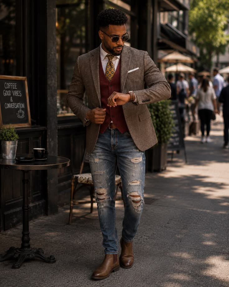 business casual style -Man in a tan blazer, burgundy vest, patterned yellow tie, and ripped jeans walks on a city sidewalk in brown boots, sunglasses on.
