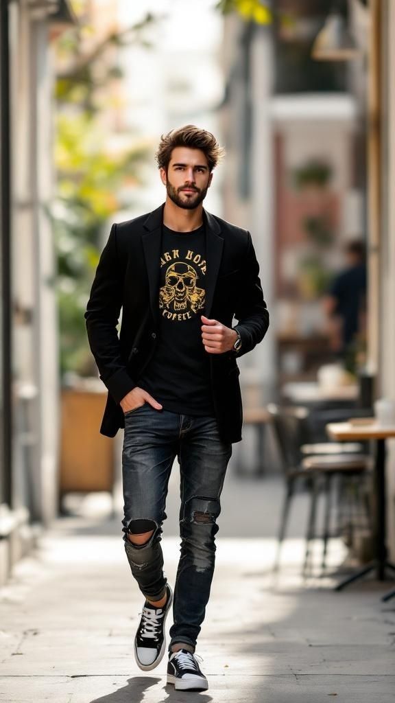 Man in a black blazer and graphic tee walks toward the camera on a city street, wearing ripped jeans and black‑white sneakers.