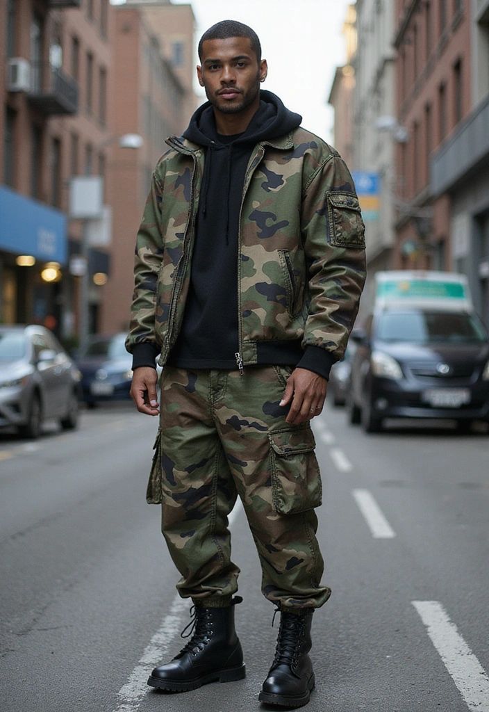 Man in camouflage jacket and cargo pants standing in a city street, wearing a black hoodie and black combat boots.