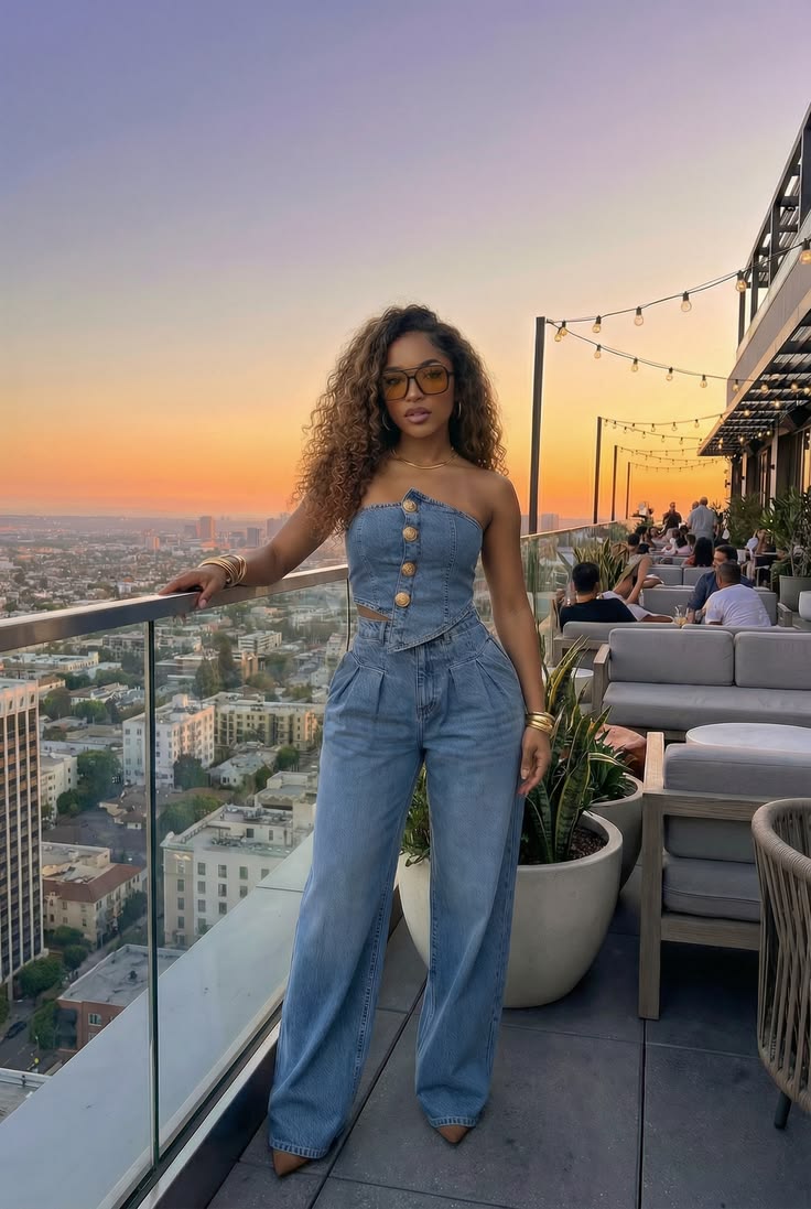 Woman with curly hair in a strapless Luxury Denim Two-Piece Outfit and tinted sunglasses posing on a rooftop at sunset over the cityscape.