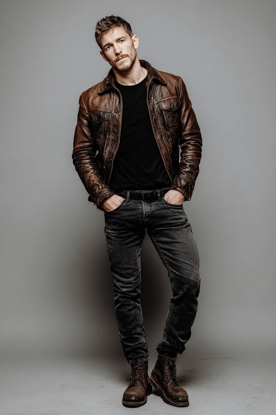 Man in a brown Rugged Leather Jacket, black T-shirt, dark jeans, and boots poses with hands in pockets against a gray backdrop.