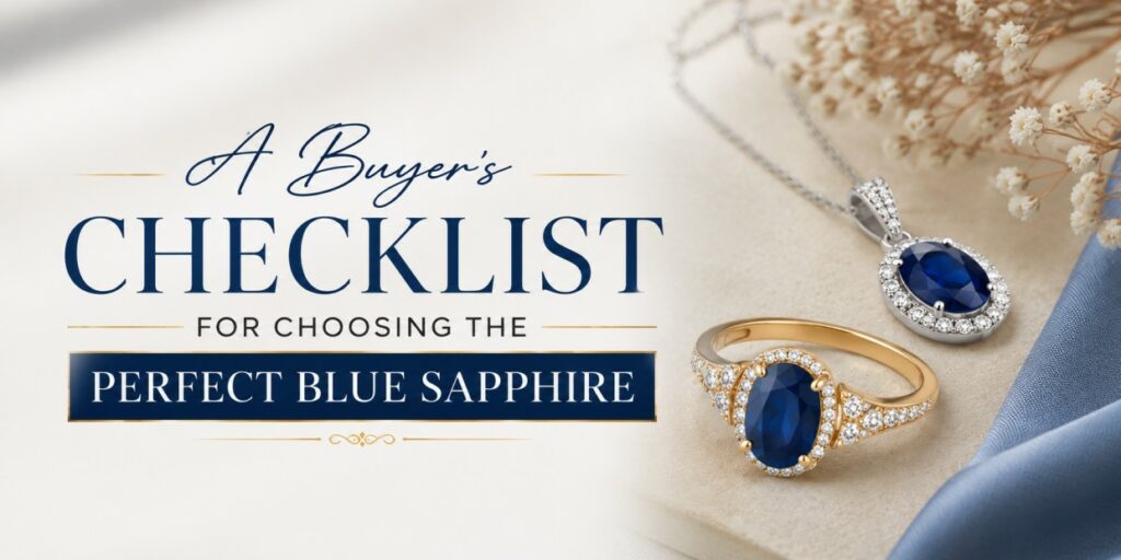A buyer's checklist for choosing the perfect blue sapphire, with gold and silver sapphire rings on a beige background.