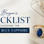 A buyer's checklist for choosing the perfect blue sapphire, with gold and silver sapphire rings on a beige background.