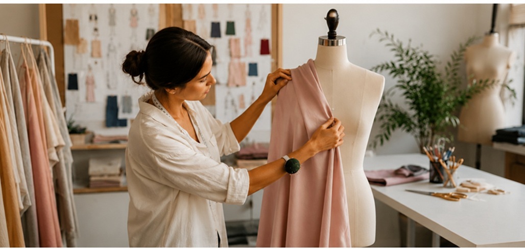 A woman is placing a fabric