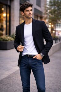 Man in a navy blazer, white t-shirt, and dark jeans stands on a city sidewalk, adjusting his jacket while looking off to the side.