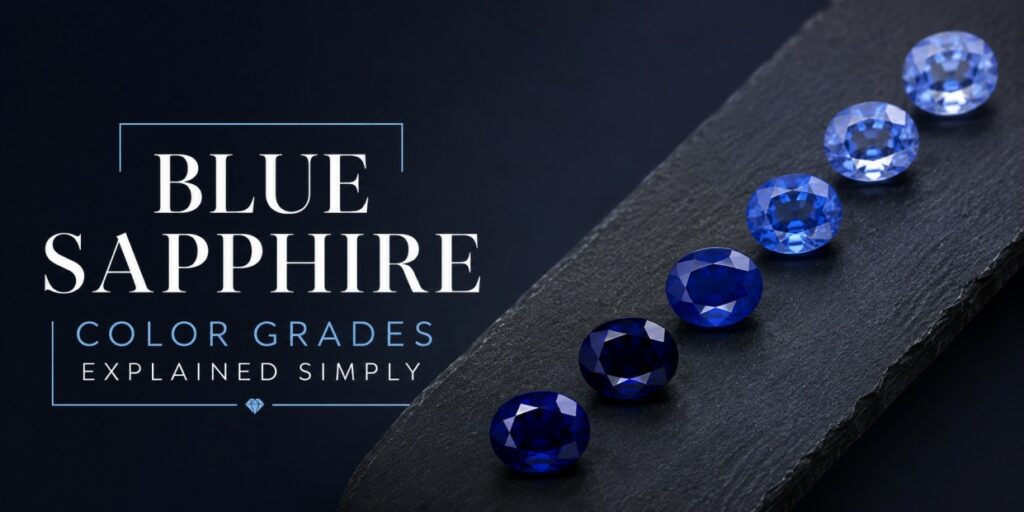 Blue Sapphire: Color grades explained simply — a row of faceted blue sapphires on a dark slate background.