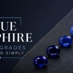 Blue Sapphire: Color grades explained simply — a row of faceted blue sapphires on a dark slate background.