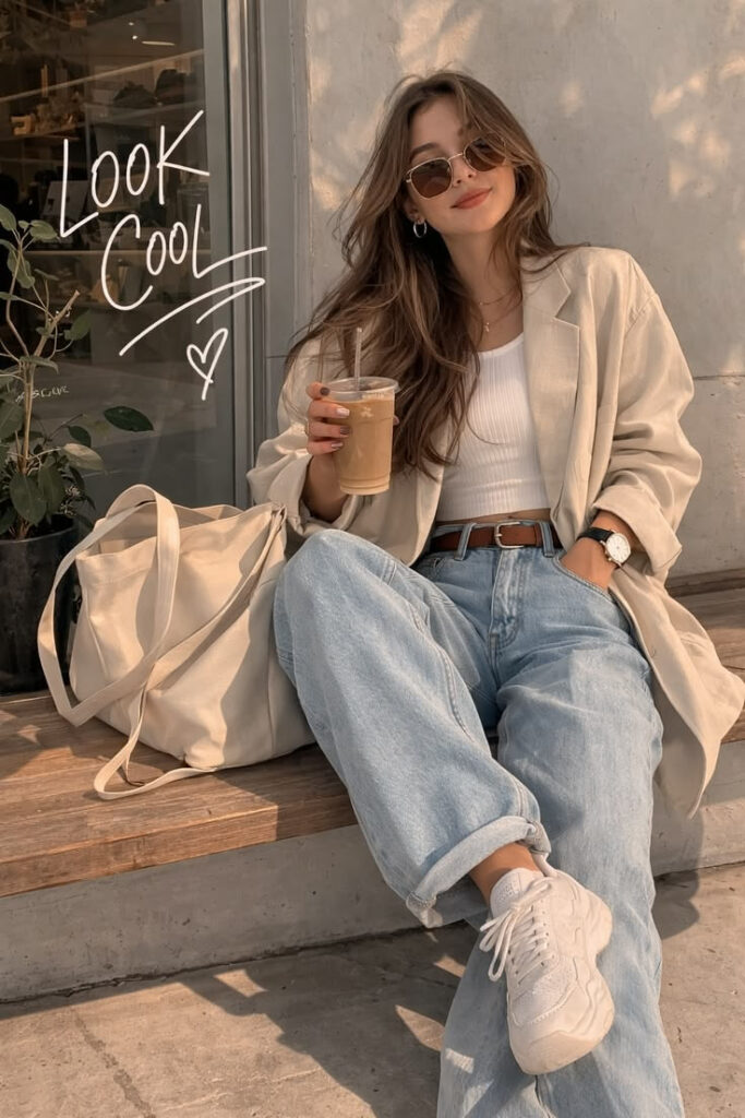 Woman with long brown hair in a beige blazer and white crop top, sipping an iced coffee outside a cafe, wearing sunglasses and light jeans with white sneakers.