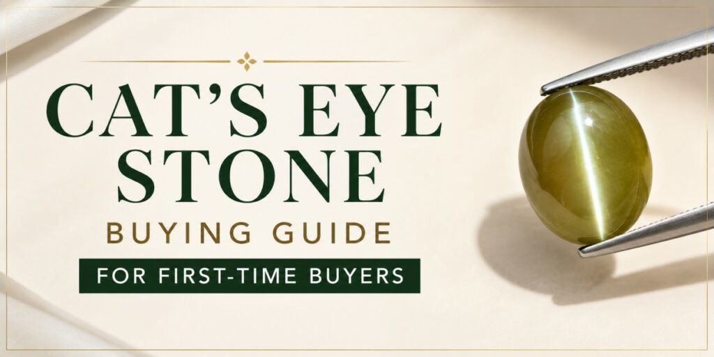 Cat's eye stone being held with tweezers beside a buying guide title for first-time buyers.