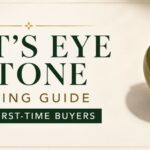 Cat's eye stone being held with tweezers beside a buying guide title for first-time buyers.