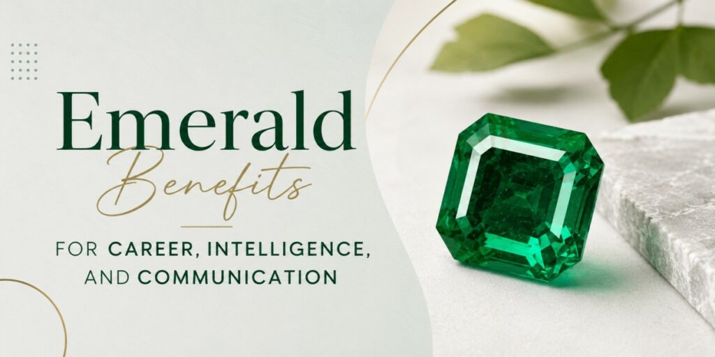 Banner promoting Emerald Benefits: green emerald gem on the right with text 'Emerald Benefits' and subtitle 'for career, intelligence, and communication' on a pale background.