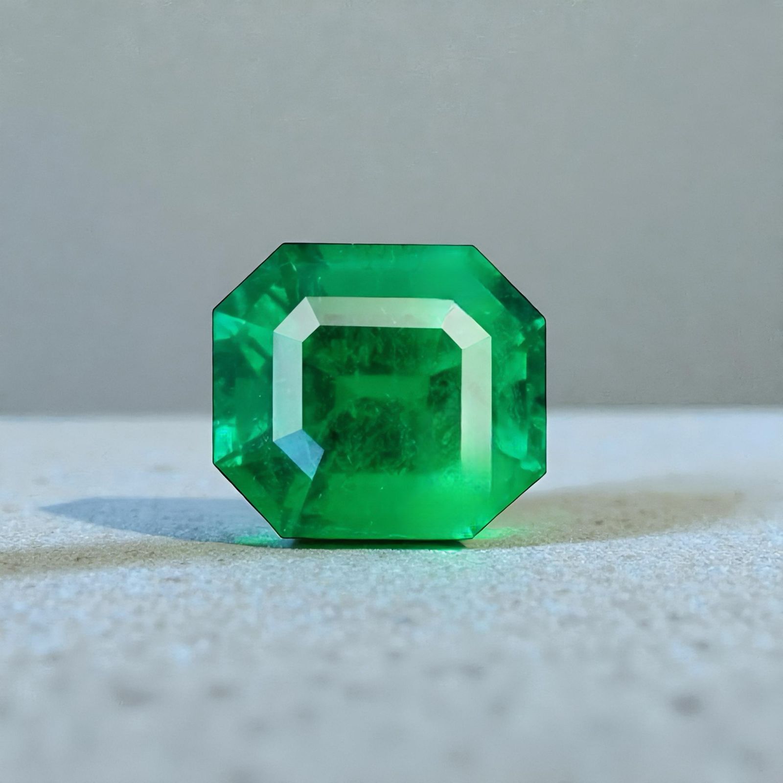 Emerald stone resting on a light surface, showing its facets and depth.