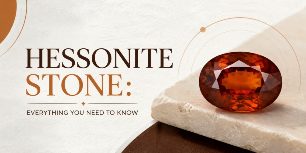 Hessonite stone resting on a pale stone surface with the title 'Hessonite Stone: Everything you need to know' in warm brown typography.