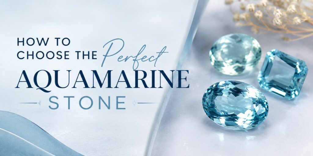 Banner: 'How to choose the perfect aquamarine stone' with blue aquamarine gems on a pale blue background.