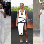 Triptych of a woman modeling outfits: silver sequined gown on left and right, white–black geometric dress in the center at a fashion event.