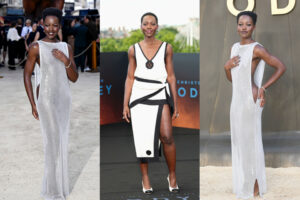 Triptych of a woman modeling outfits: silver sequined gown on left and right, white–black geometric dress in the center at a fashion event.