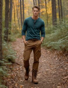 Man walking along a leaf-covered forest trail in autumn, wearing a teal long-sleeve shirt and brown cargo pants.