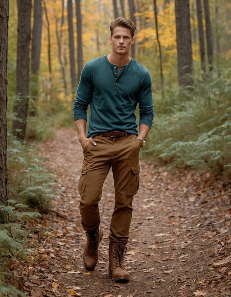Man walking along a leaf-covered forest trail in autumn, wearing a teal long-sleeve shirt and brown cargo pants.