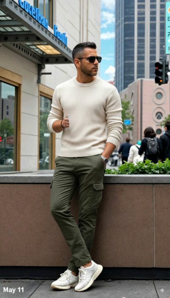 Man leaning against a stone wall in a city street, wearing a cream knit sweater, olive cargo pants, white sneakers, and sunglasses.