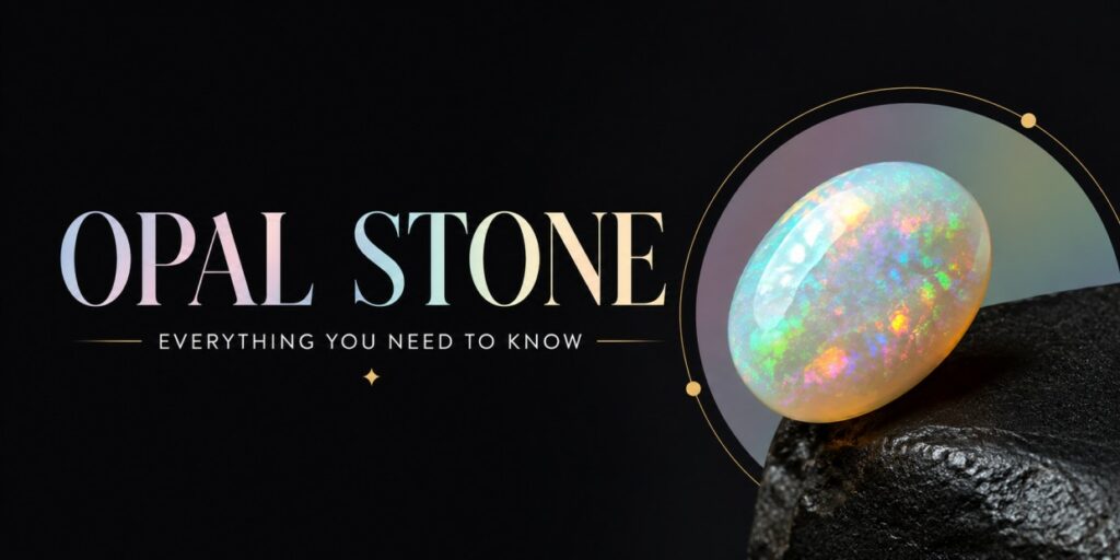 Opal stone displayed on a black background with the text 'OPAL STONE' and the subtitle 'Everything you need to know' on the left.