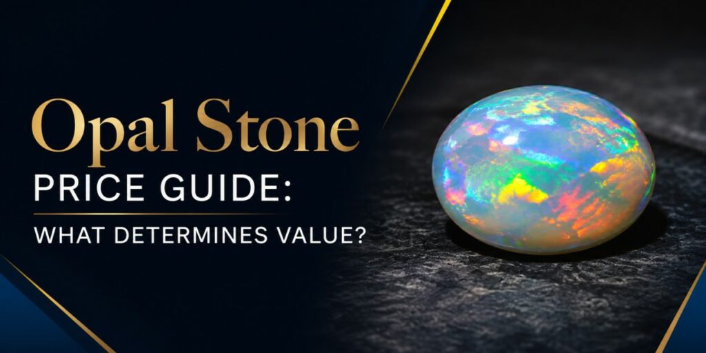 Opal stone on dark surface beside a gold and white title: 'Opal Stone Price Guide: What determines value?'
