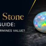 Opal stone on dark surface beside a gold and white title: 'Opal Stone Price Guide: What determines value?'