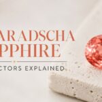 Hero banner with ‘Padparadscha Sapphire’ and ‘Price Factors Explained’ text, featuring a pink‑orange sapphire on a beige textured surface.