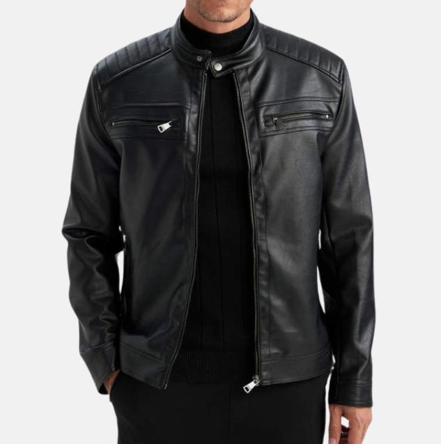 Model wearing movie leather coats