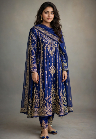Model wearing blue Pak party dress 