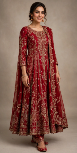 Model wearing red party dress 