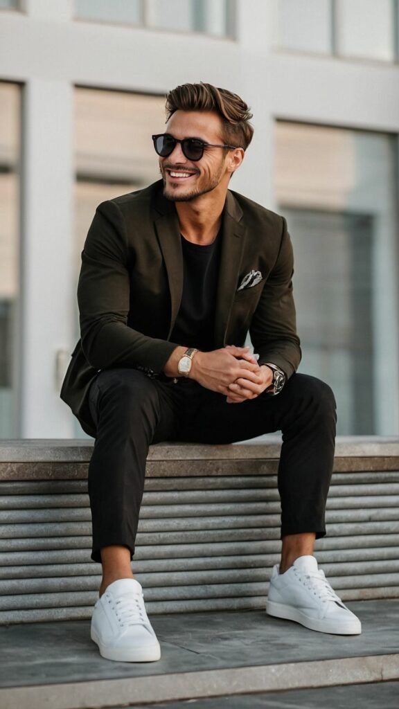 Man in an olive blazer, black shirt and white sneakers sits on outdoor steps, smiling behind sunglasses.
