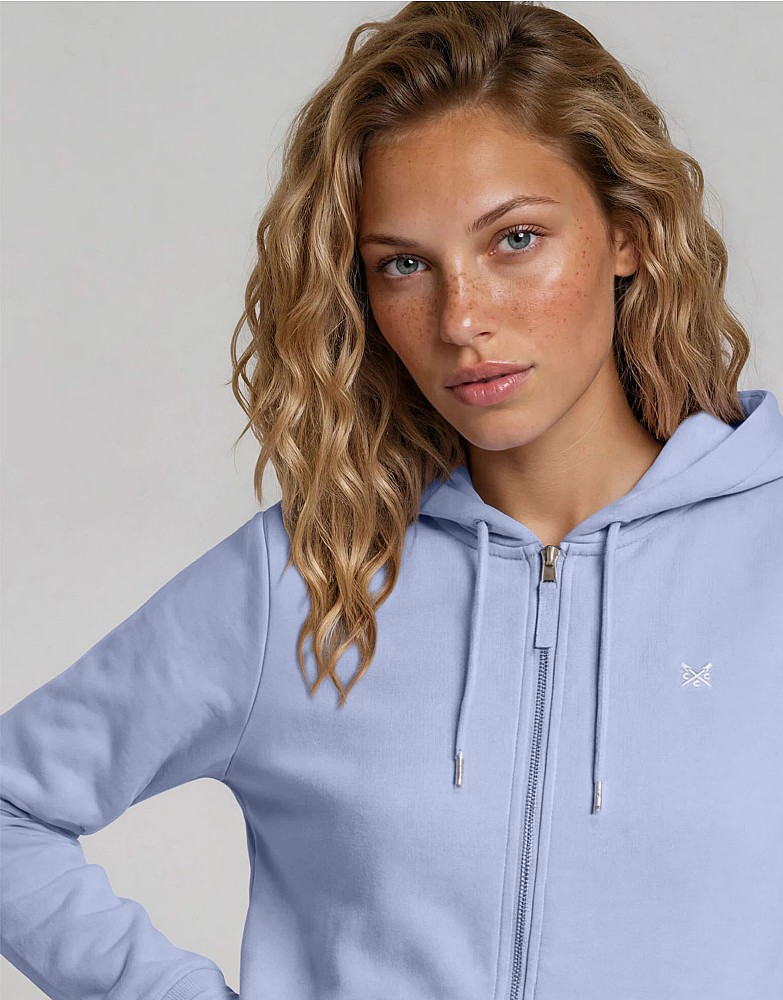 Model in zip-up hoodie