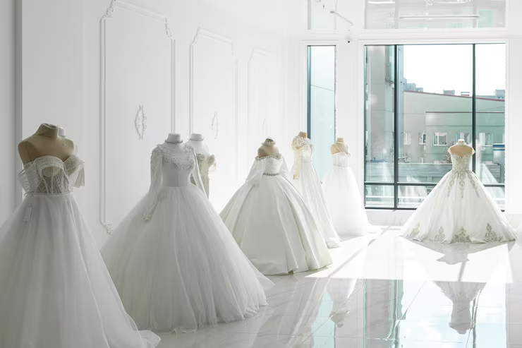 Boutique room with several white wedding gowns on mannequins near a large window, bright and elegant display area.
