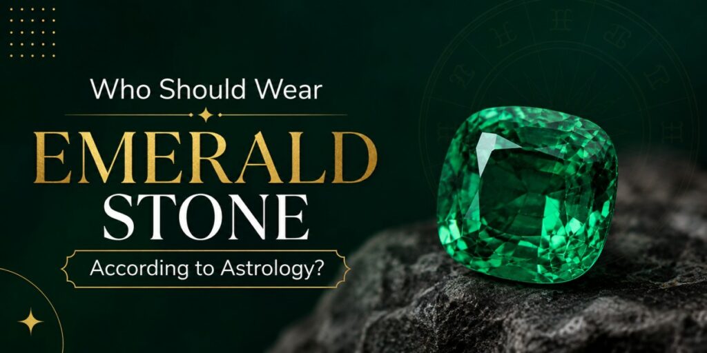 Emerald gemstone on a rock beside astrology-themed text about who should wear emerald stone according to astrology?