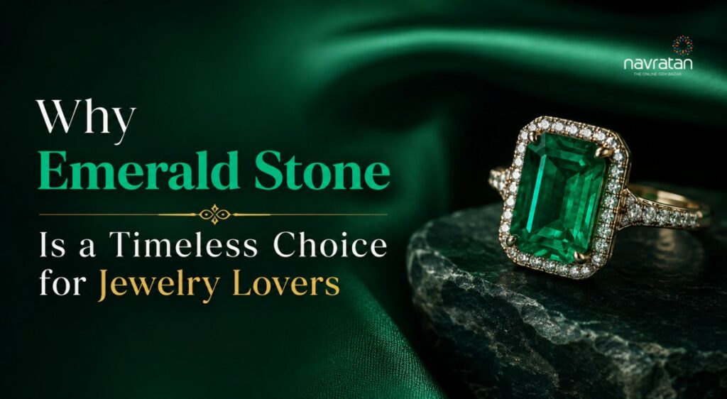Emerald-cut ring with a diamond halo resting on a dark rock against a green backdrop, with headline about emerald stones.